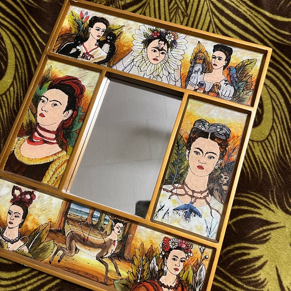 Frida Khalo Artisan Made Foil Painted Wooden Frame Mirror Made in Peru - Picture 5 of 8